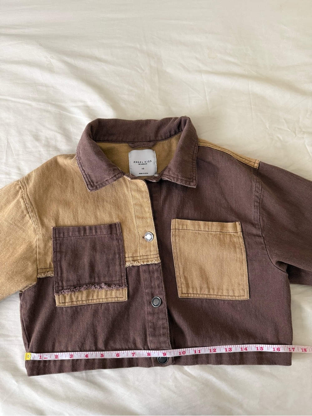 Angel Kiss Two-Tone Cropped Jacket in Brown and Tan Women’s XS Boho Y2K 90s - Picture 4 of 11